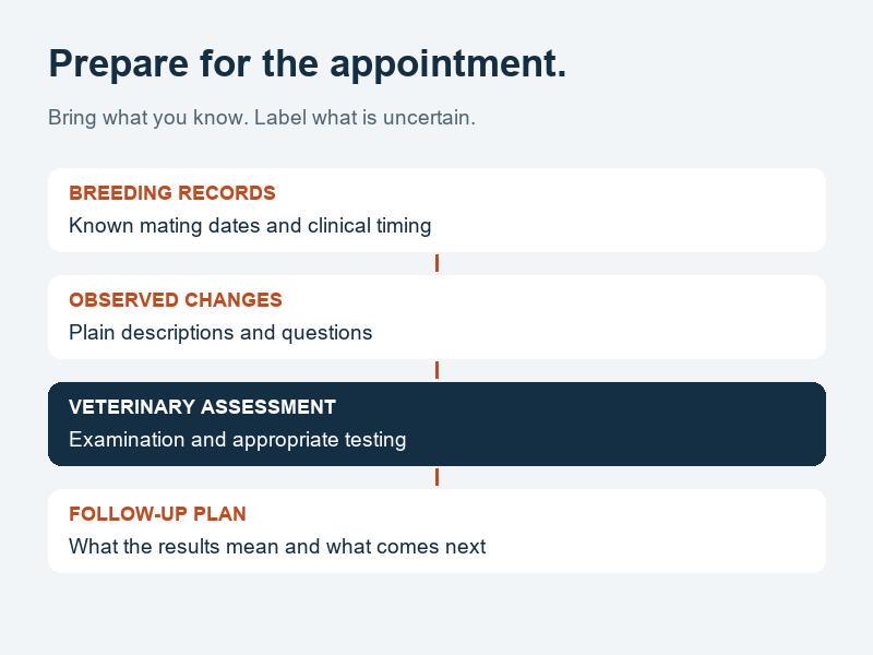 Preparation flow from breeding records and observed changes to veterinary examination and an agreed follow-up plan.